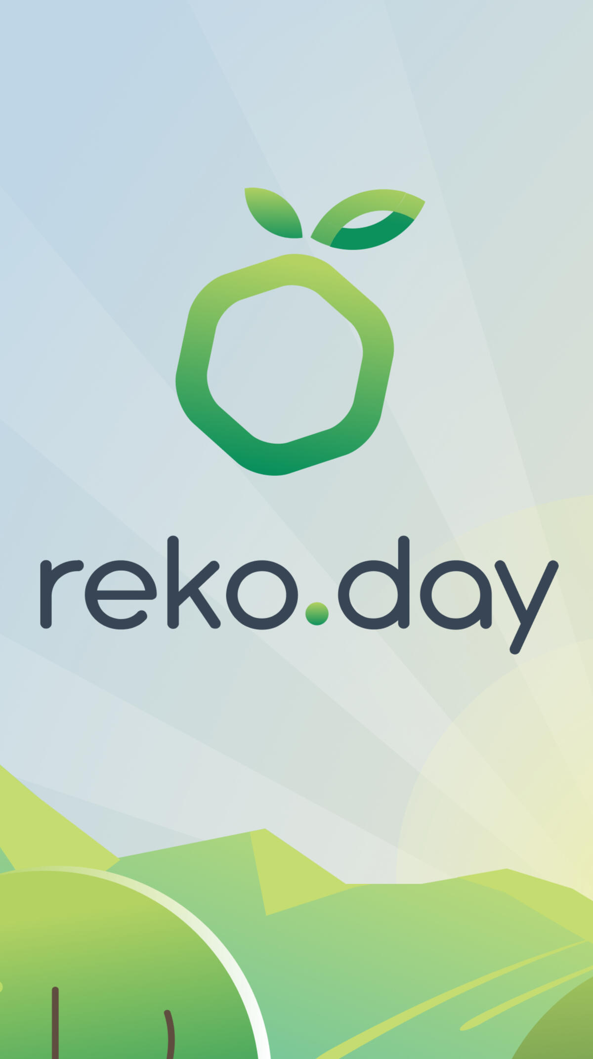 The reko day splash screen featuring the logo in the sky over green hills backlit by the sun.