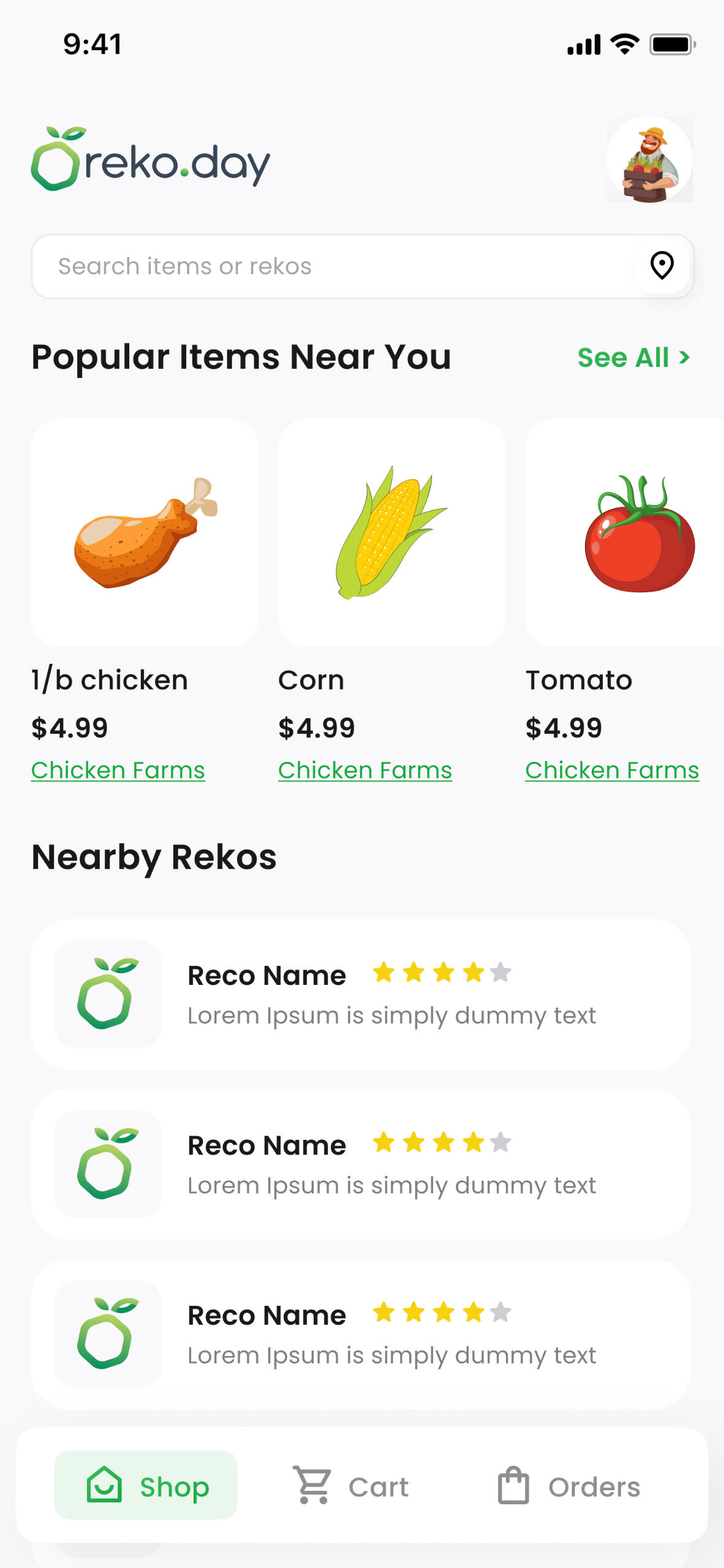 reko day's main screen on the mobile app showing local fruits and vegetables for sale and their scheduled pickup locations.
