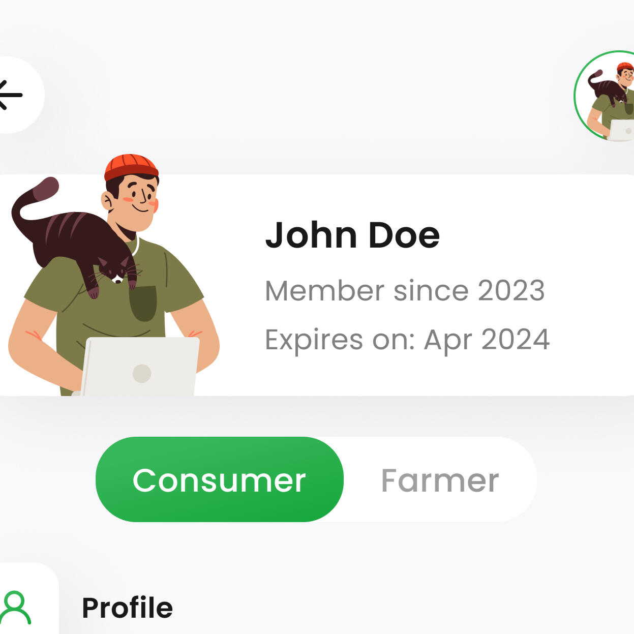 A screenshot of the user's profile showing their name, membership expiration date, and a convenient toggle between shopping and selling modes.
