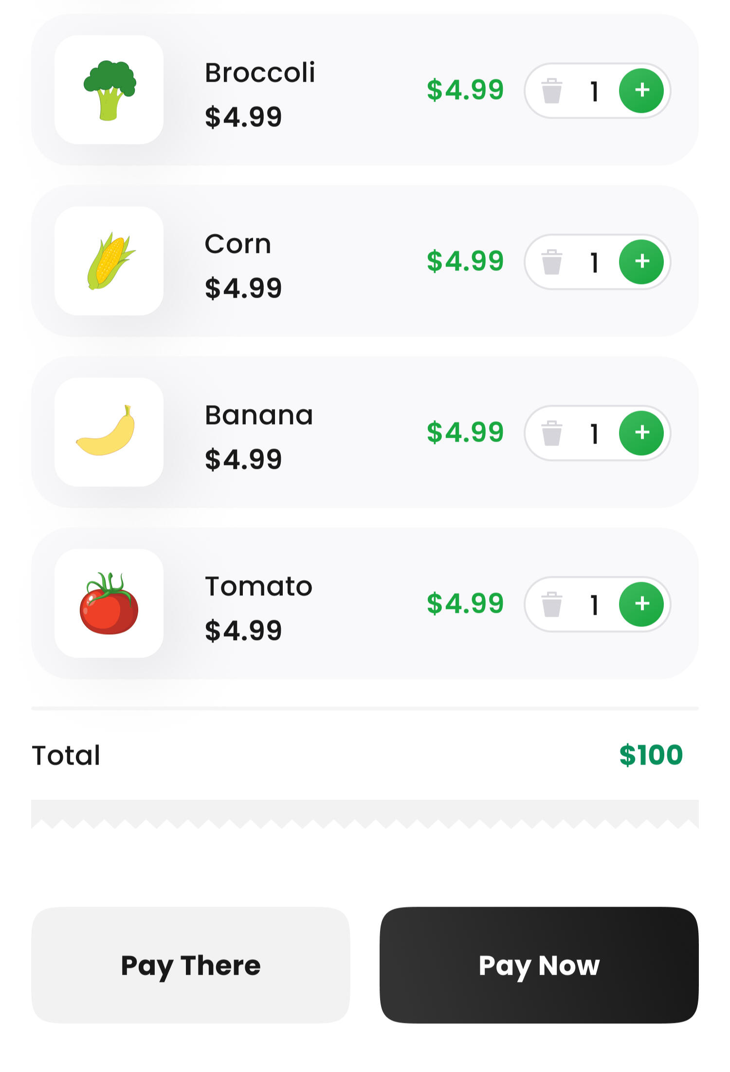A screenshot of the shopping cart in the reko day mobile app showing the items, quantity, prices, and the options to pay now in the app or pay in cash on pickup.